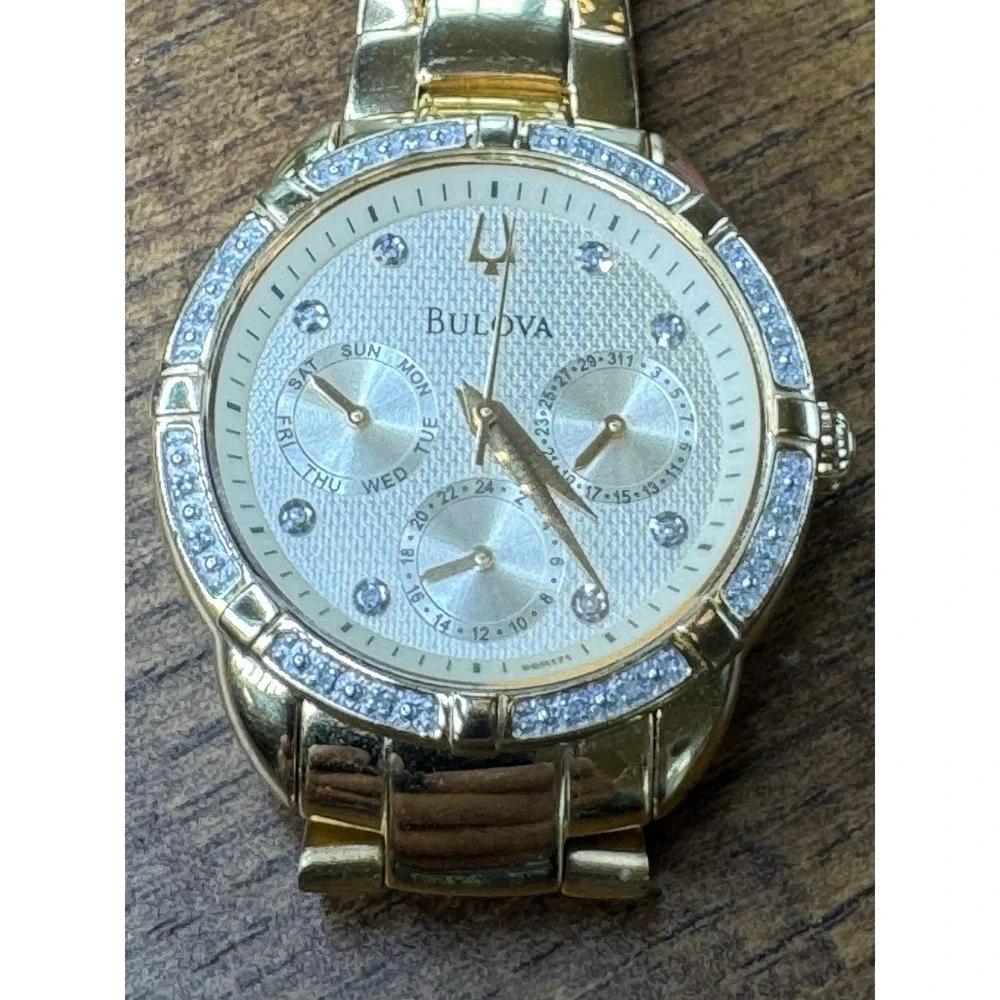 Bulova Maribor 98R171 Gold Tone Watch Diamond Bezel Day Date Women 36mm